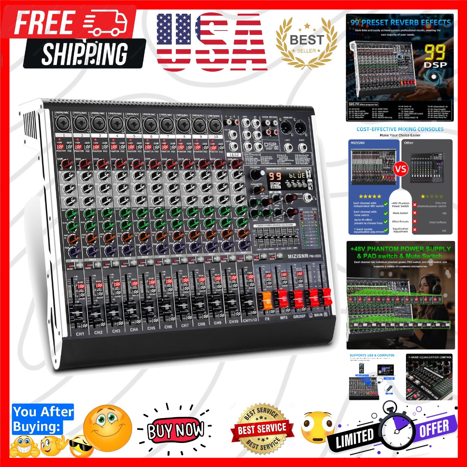 12 Channel Audio Mixer Professional Sound Mixing Board with 99 DSP Effects, 7...