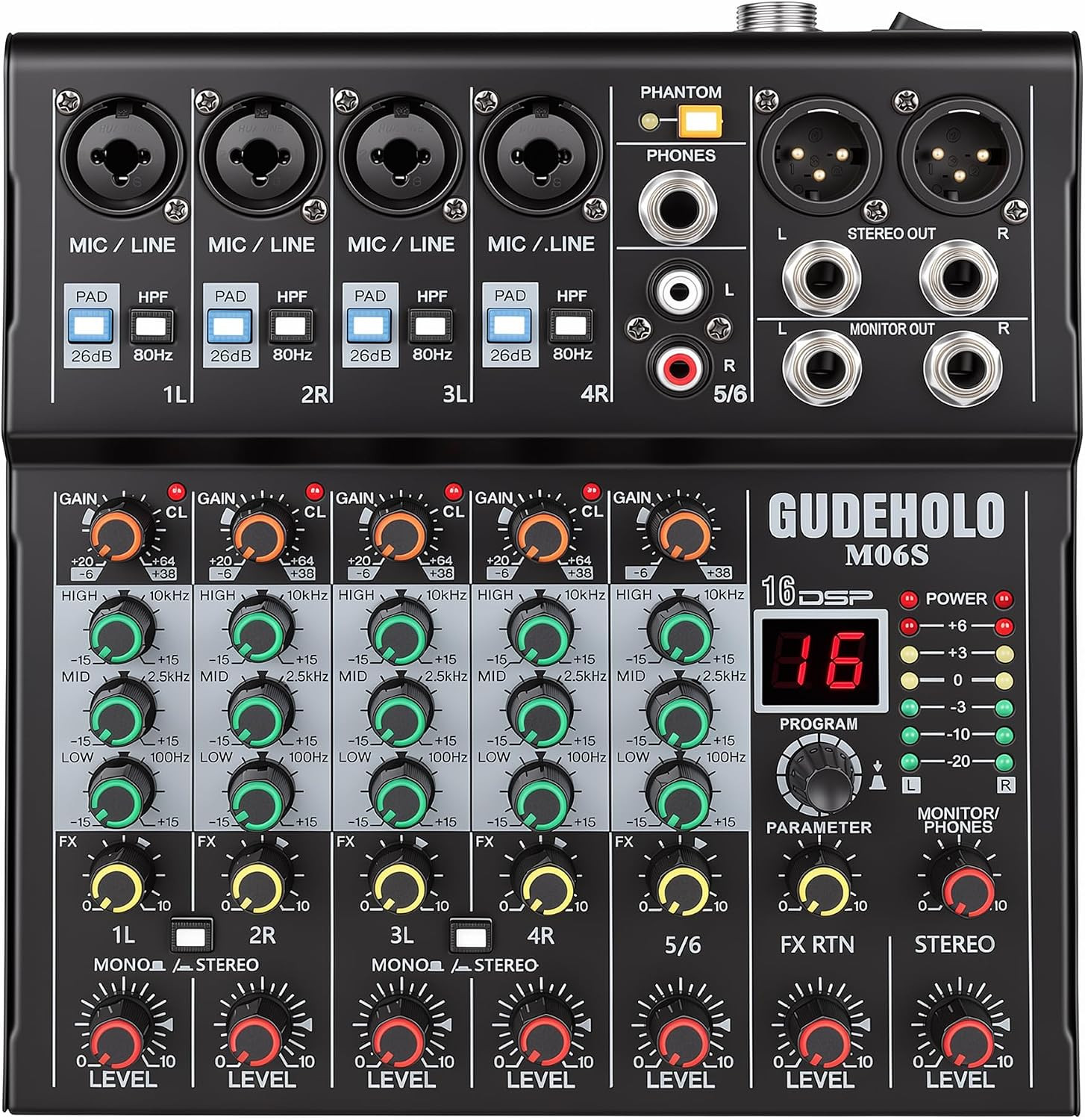 6-Channel Professional DJ Audio Mixer, DJ Controller Sound Mixer DSP 16 Preset