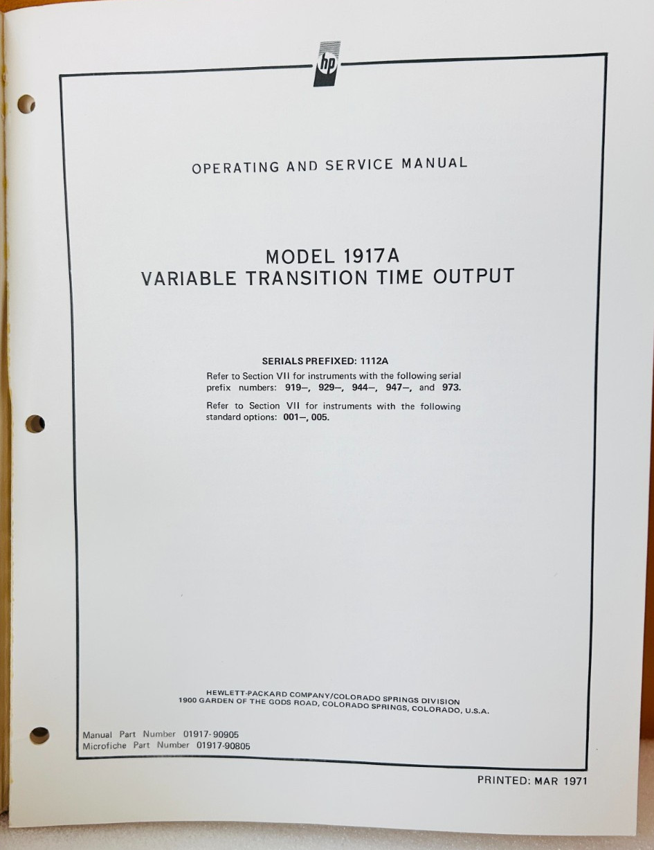 HP 01917-90905 Model 1917A Transition Time Output Operating & Service Manual.