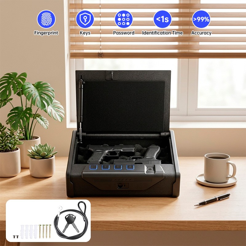 Portable Travel Fingerprint Pistol Safe Steel Construction Emergency Key Include