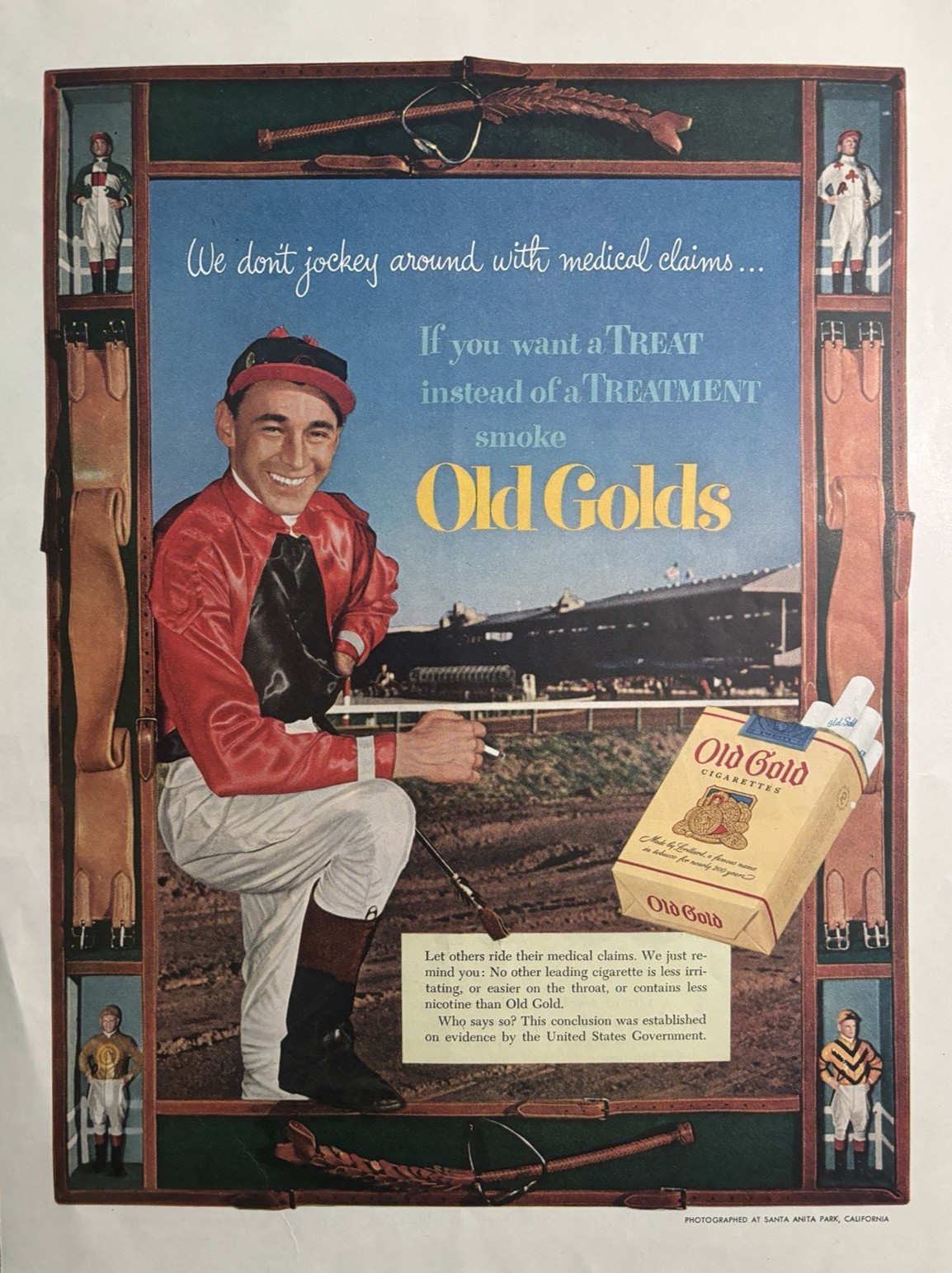 1950s Old Gold Cigarettes Jockey Medical Claims Santa Anita Park VTG Pint Ad