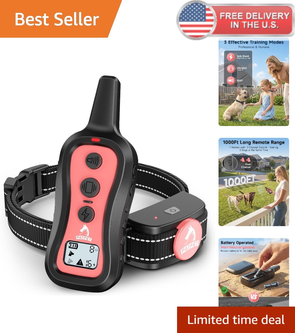 Electronic Dog Training Collar - Beep Vibration Shock Modes, 1000ft Range,