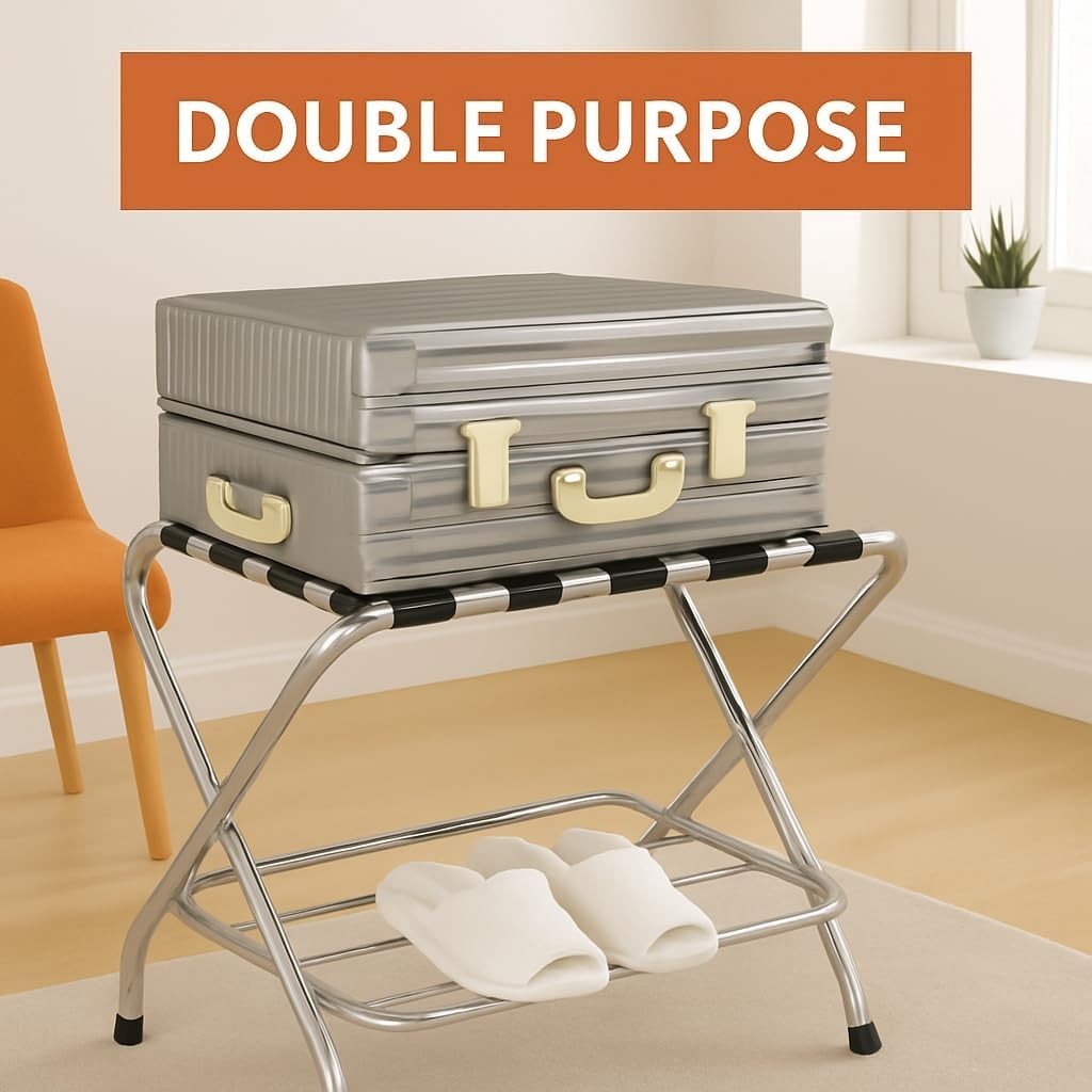 USTECH - Double-Tier Luggage Rack–Foldable with Lower Shelf