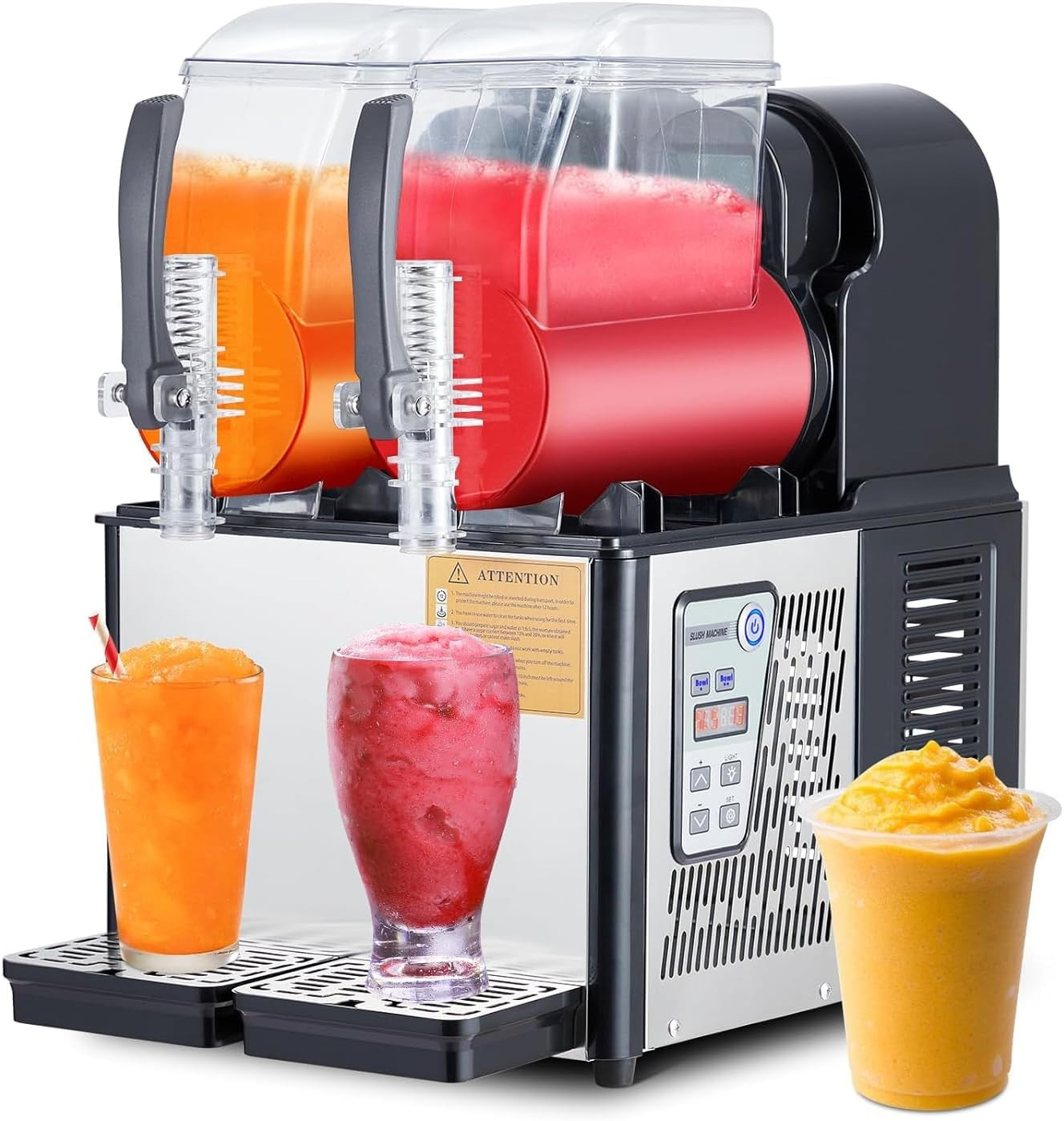 Commercial Slushie Machine - 4Lx2 Dual Tanks, 370W Stainless Steel, Self-Cleanin