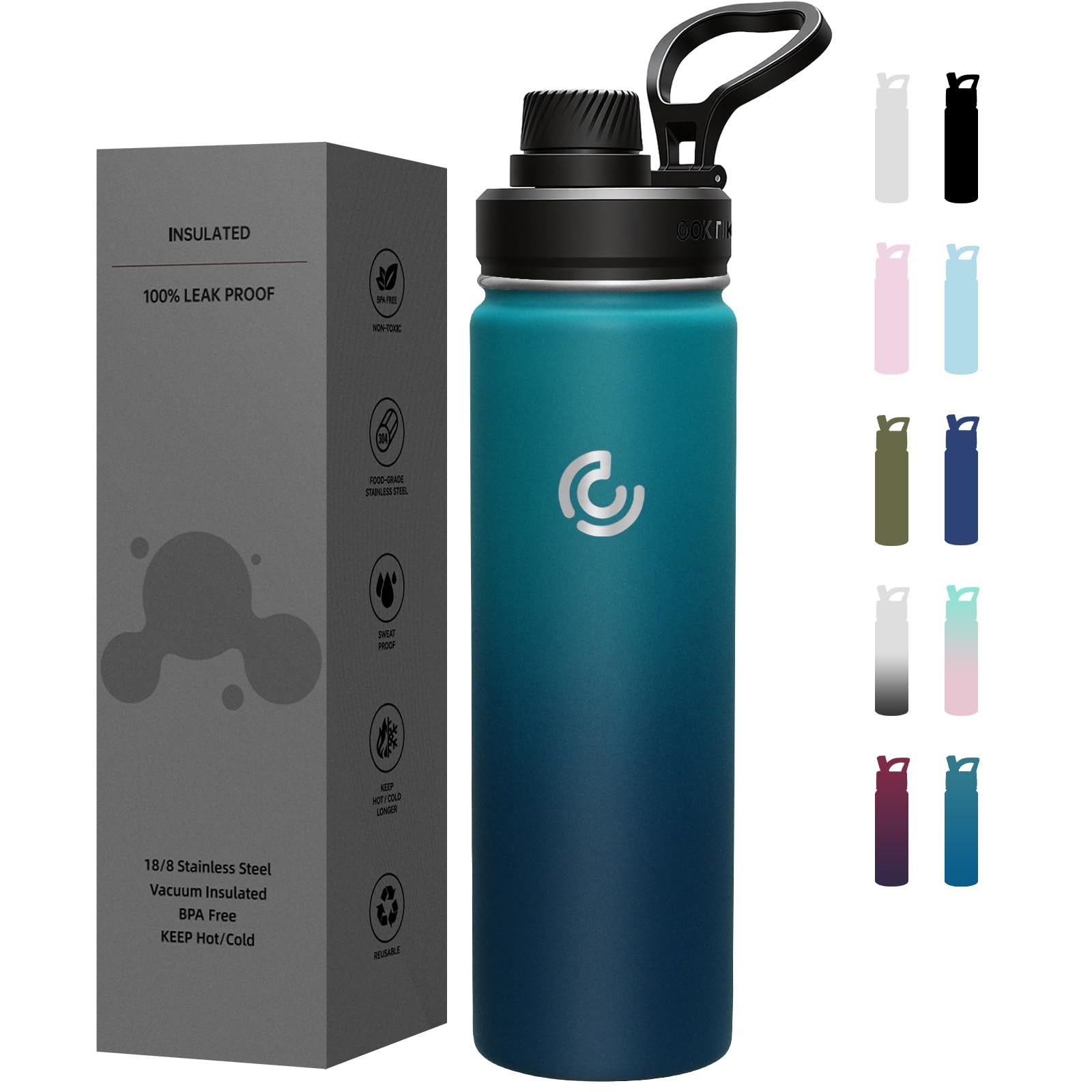 Sports Water Bottle 22oz, Insulated Water Bottle with Handle,Stainless Steel,...
