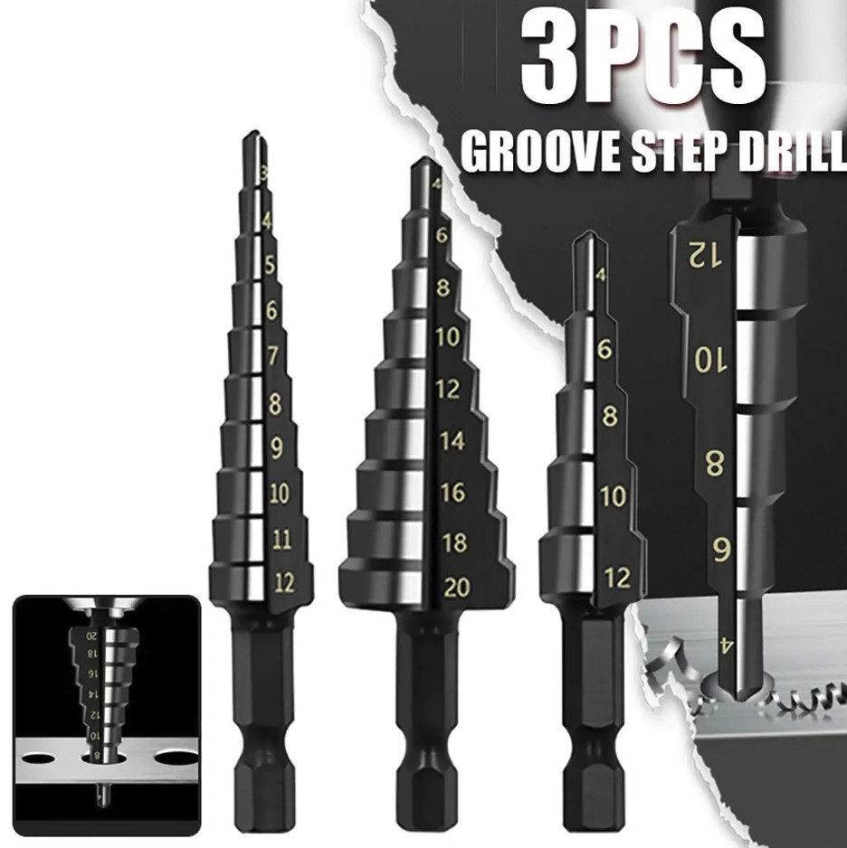 3Pcs HSS Step Drill Bit Set 3-12mm 4-12mm 4-20mm Hex Core Hole Cutter - NEW