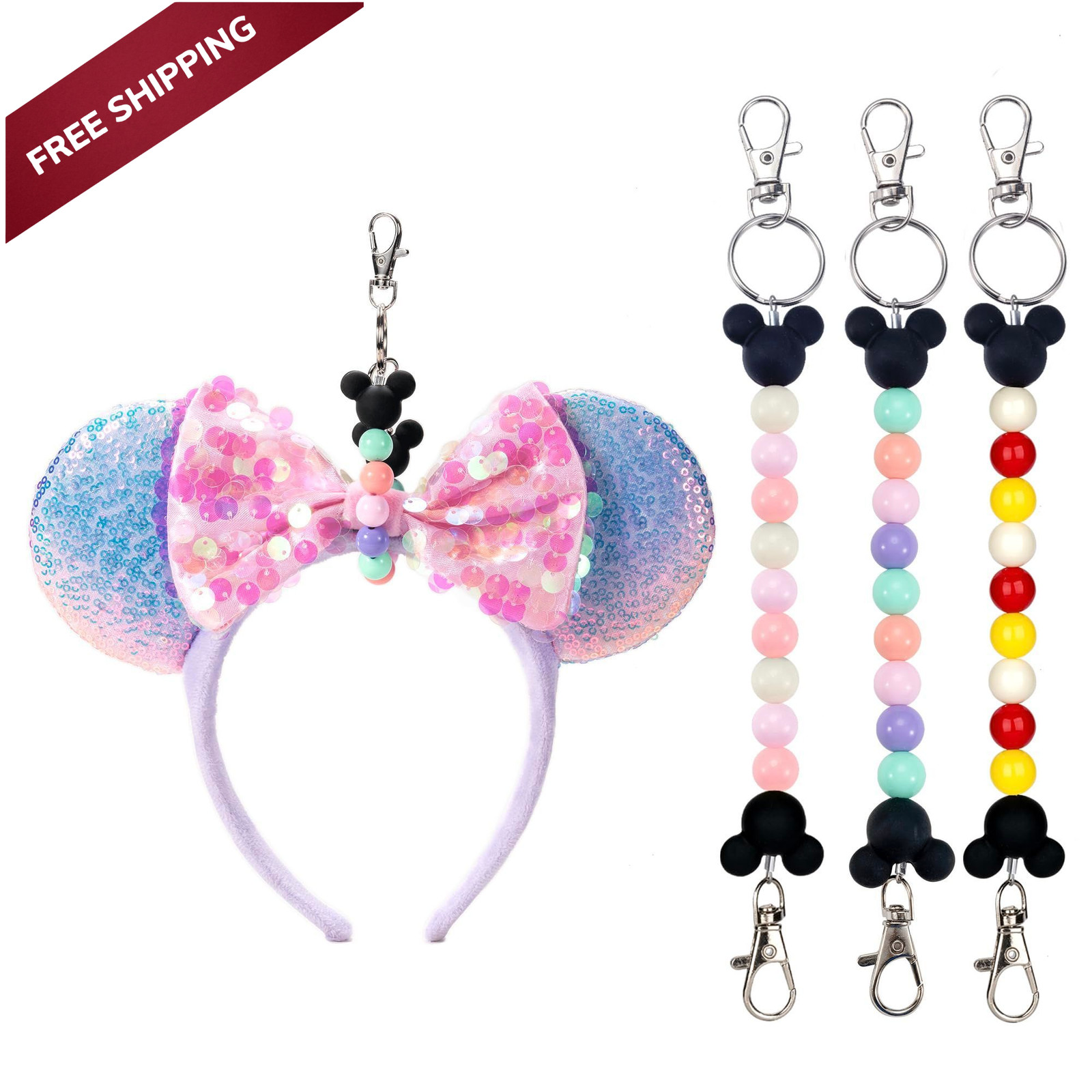 EQVYG 3PCS Mouse Ear Holder for Backpack Bag Beaded 3 PCS, Purple Red Green