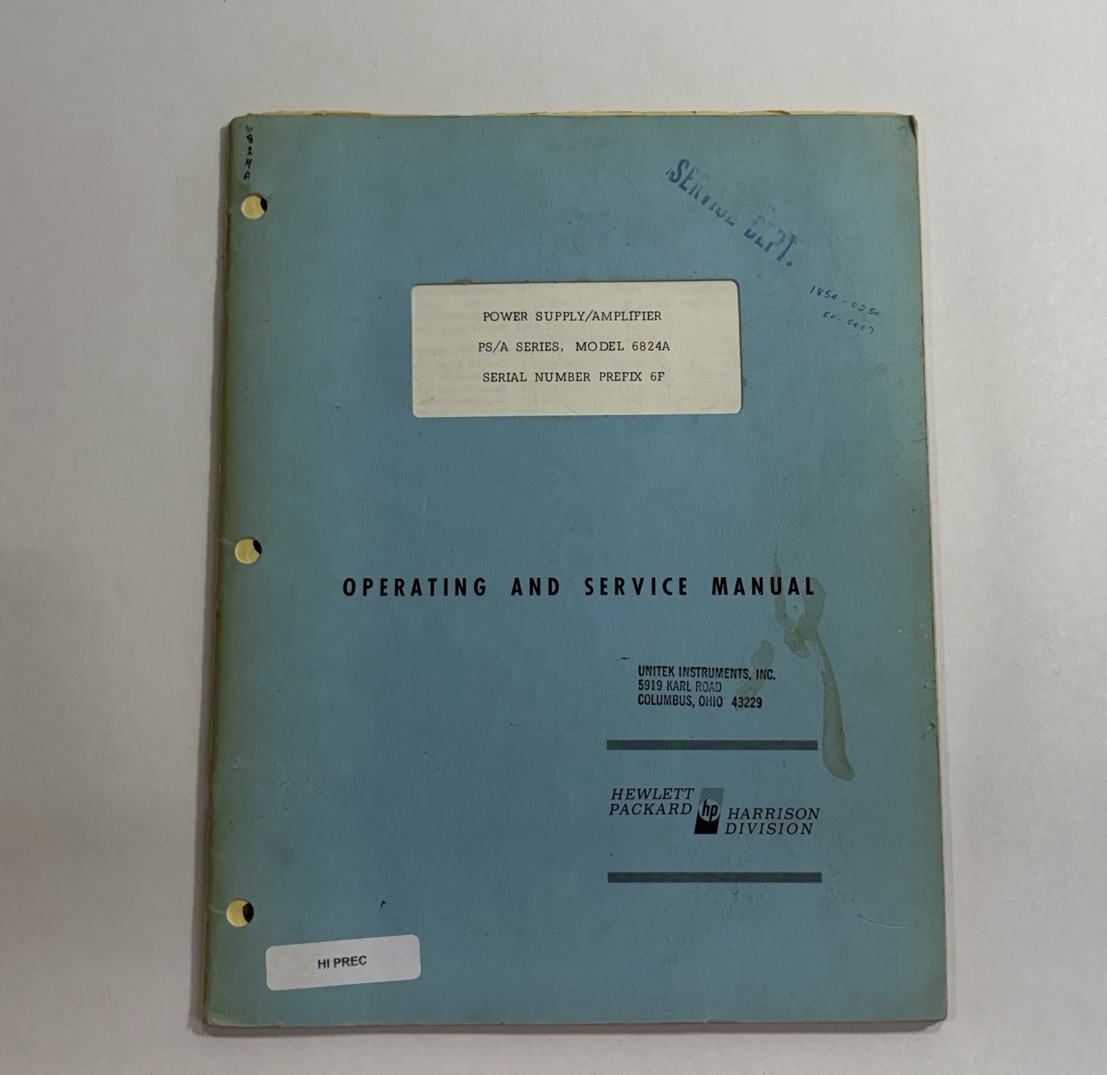 HP Model 6824A PS/A Series Power Supply Prefix 6F Service Manual 06824-90001