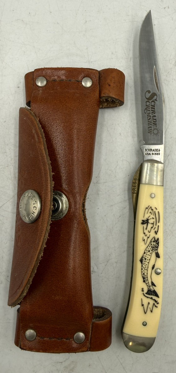 VINTAGE SCHRADE SCRIMSHAW USA LOCK BLADE SC503 W/ LEATHER CASE (CP2020721)