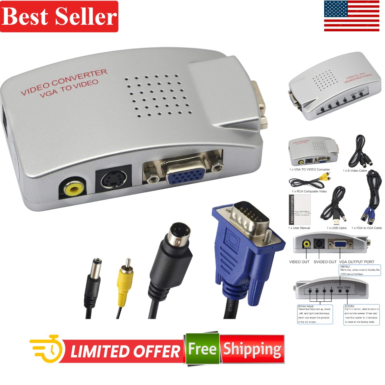 High-Quality VGA to RCA & S-Video Adapter for HDTV and Monitors - Plug & Play