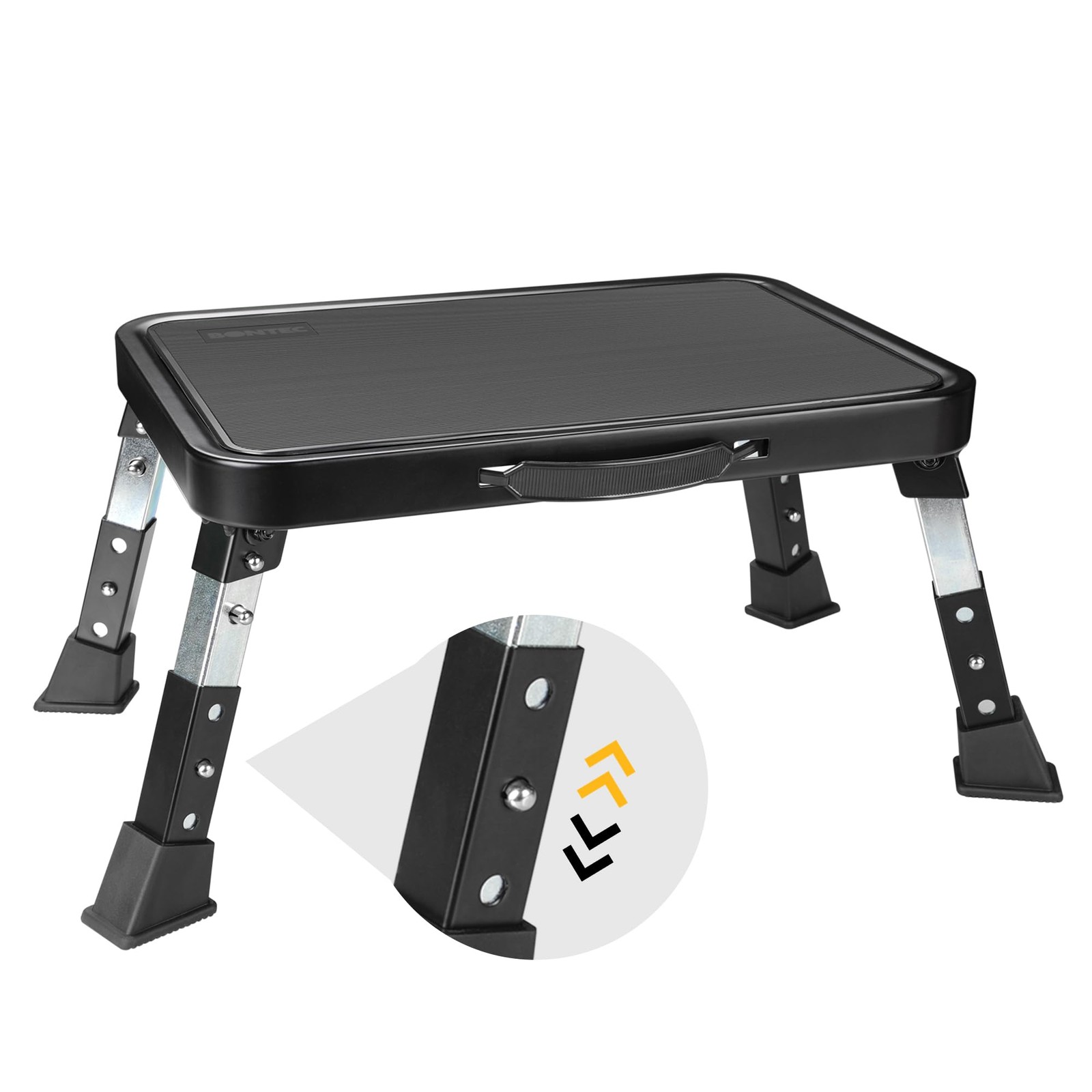 BONTEC Folding Step Stool, 3-Level Adjustable Metal 6.3-8.3 inch, Black