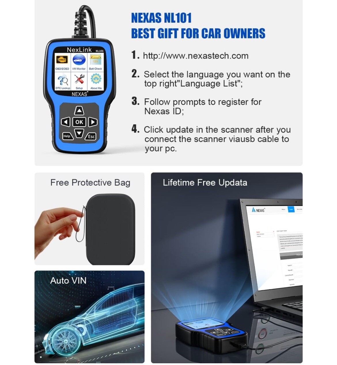 NL101 OBD2 Scanner Diagnostic Tool + Car Battery Test Check Engine Light