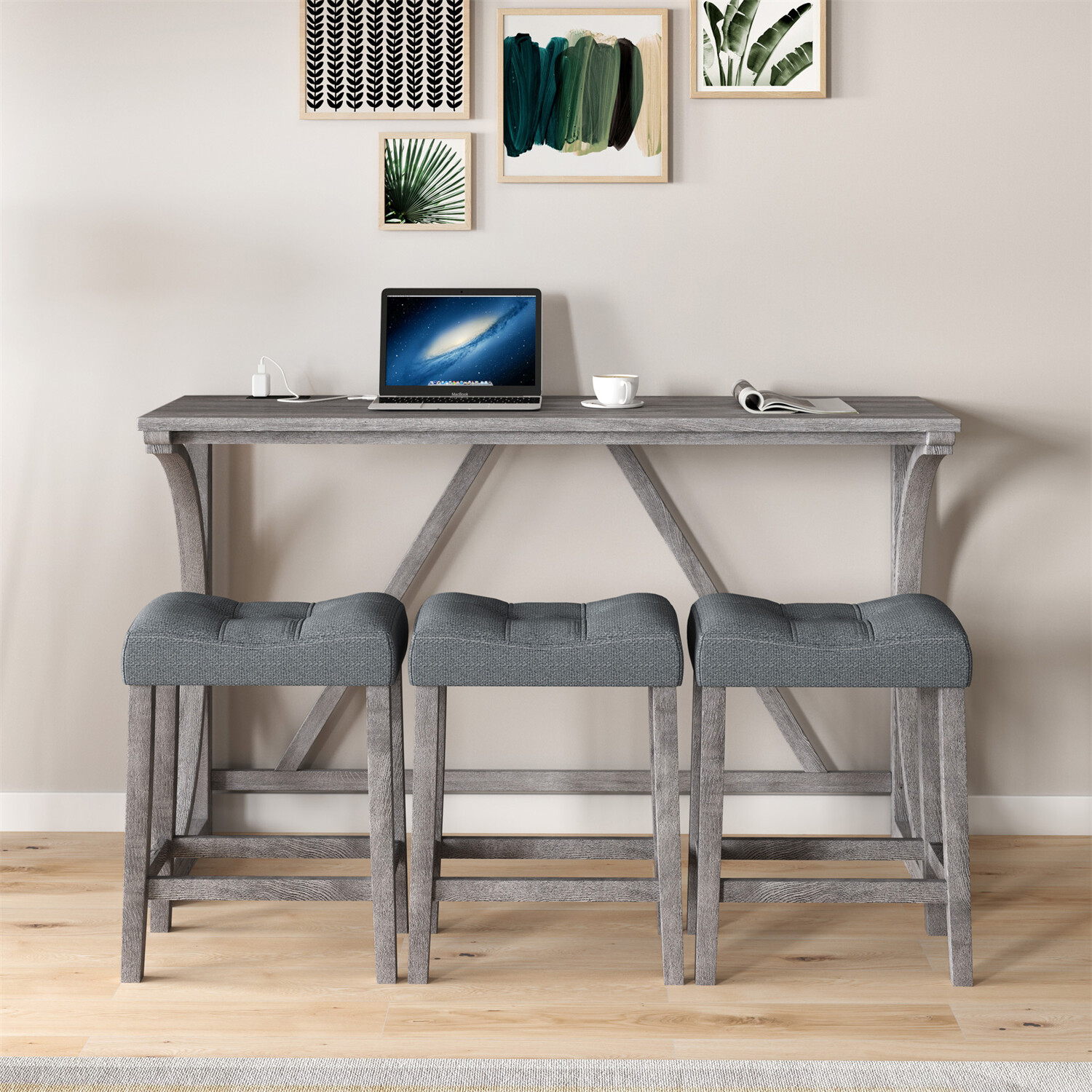 4 Piece Bar Table Set Counter Height Kitchen Dining Table with 3 Bar Stools US