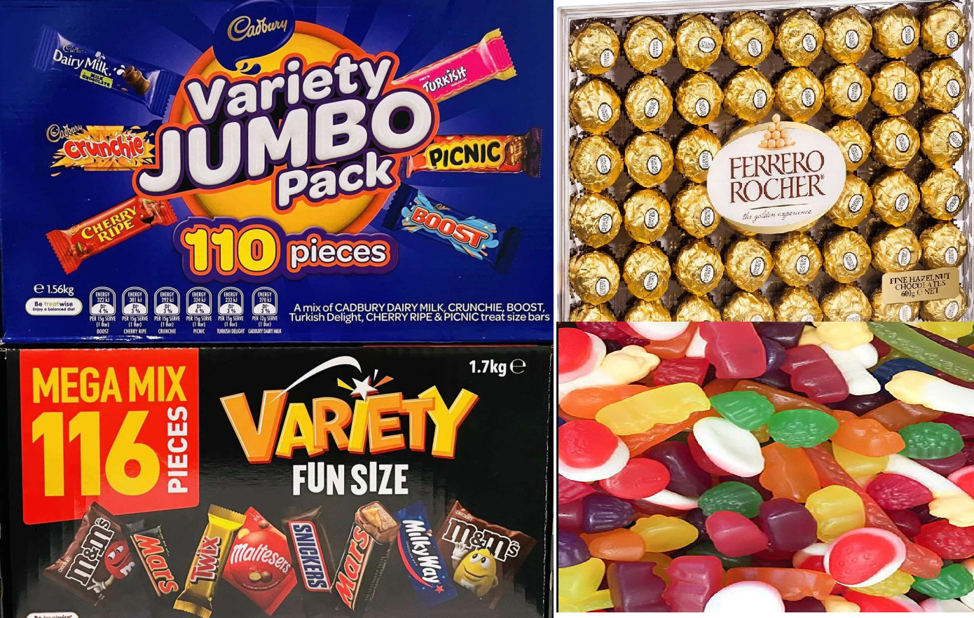 Mars 116 VARIETY MIX &/ Cadbury 110 VALUE JUMBO Milk Chocolate Ferrero Party mix