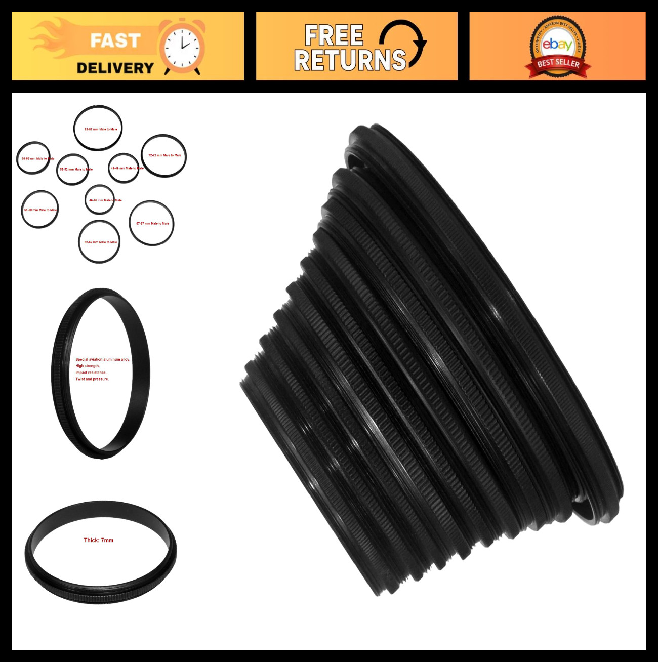 9-Piece Metal Filter Ring Adapter Set - Male to Male Stepping Rings Kit 46-82mm