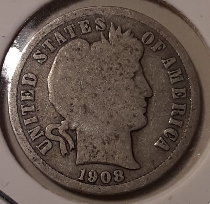 1908 Barber Dime Philadelphia Mint 90% Silver 10c (#57-AFSWN4/RBY) some rotation