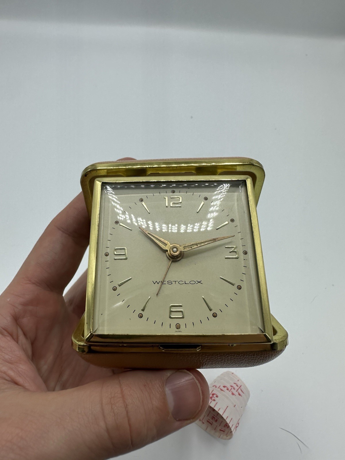 Vintage WESTCLOX Travel Alarm Clock Folding Case Gold Tone Japan WORKS