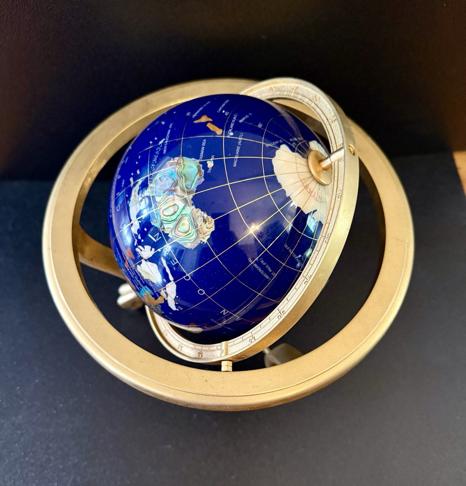 Blue Lapis Tabletop Globe, Rotating, compass, Gold-Finish tripod Base