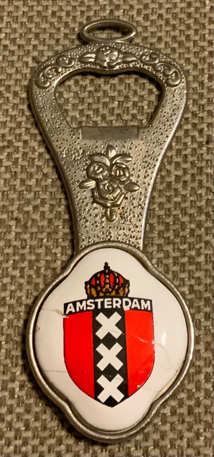 4” Amsterdam Ornate Floral Bottle Opener Crown & Shield Cracked
