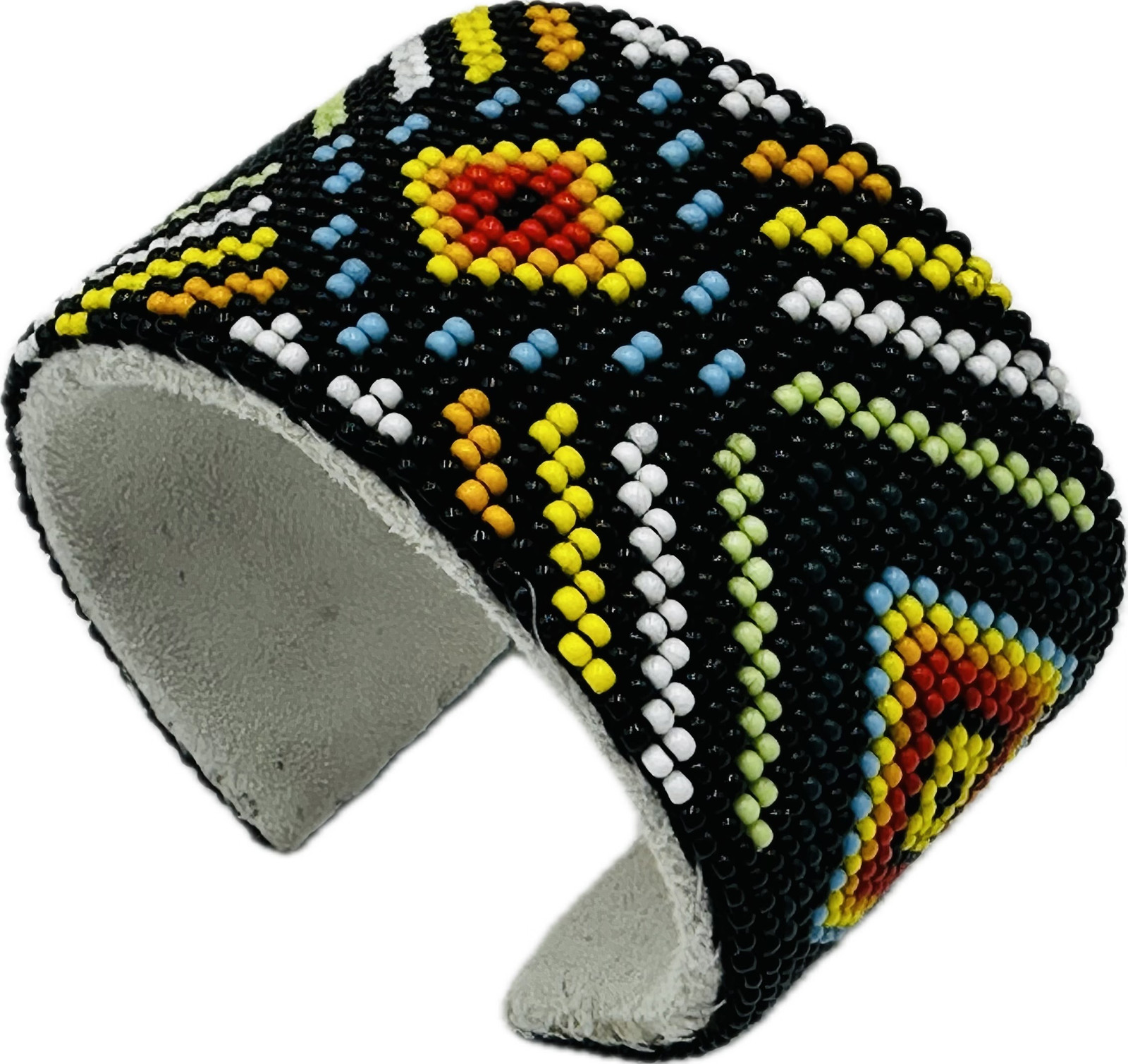 Handmade beaded Black Multicolored leather Hard cuff bracelet
