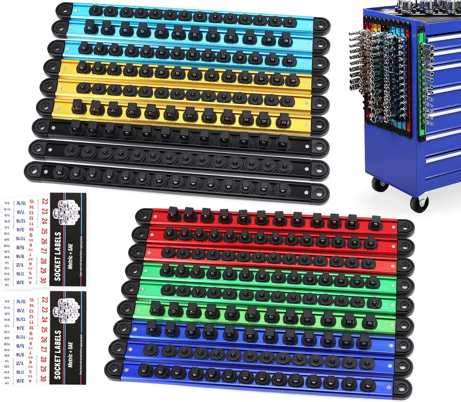 18-Piece Magnetic Socket Holder Organizer Set (Holds 240 Sockets), Heavy Duty 1/