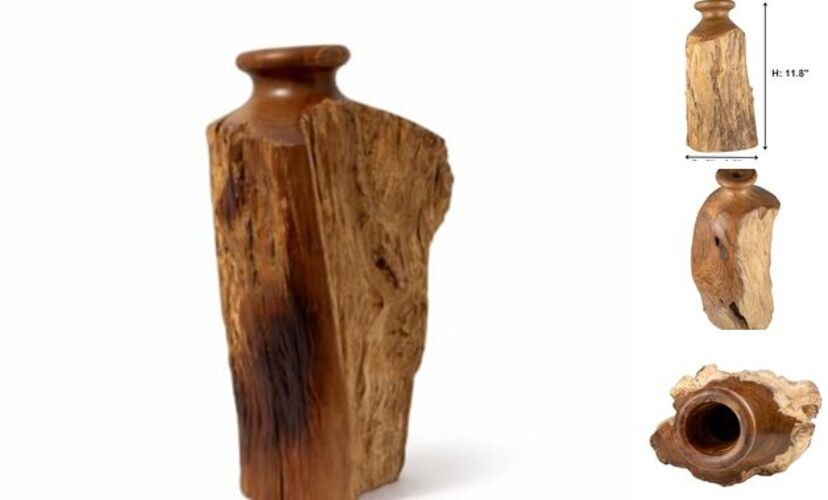 Vitex Pubescens Vahl Wooden Vase, Handcrafted from a H(11.8”) x D(5"-6.5")