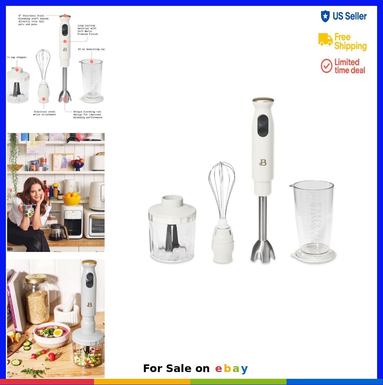 Immersion Blender 2-Speed 8 Inch Detachable Shaft 5 Foot Cord 2 Cup Chopper 24