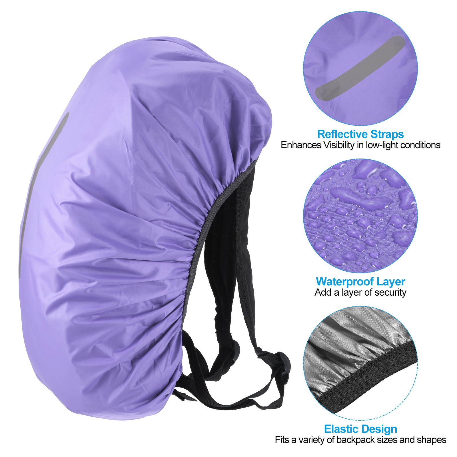 30-40L Waterproof Backpack Rain Cover with Vertical Strap S Purple