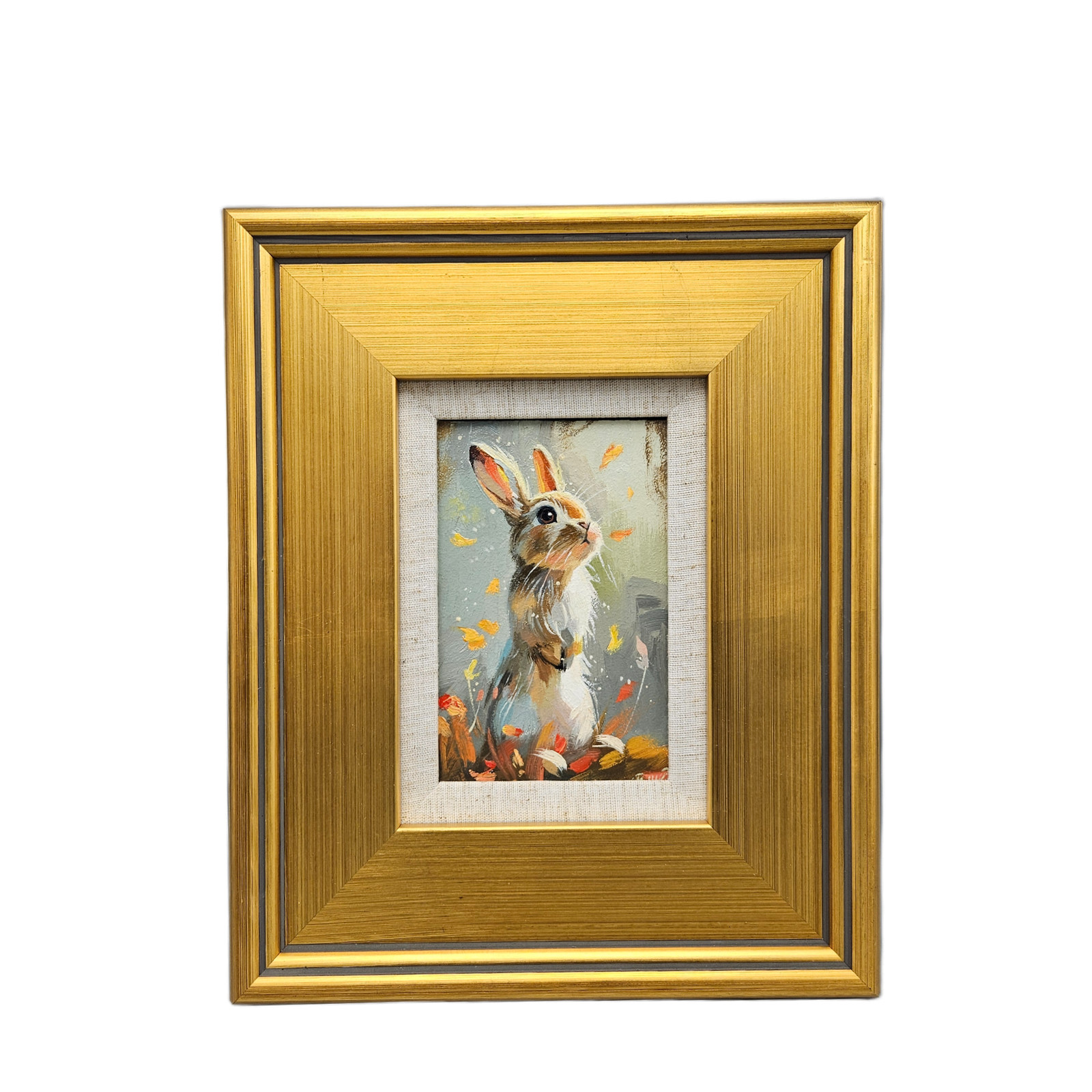 Original Painting of Bunny Standing with Leaves in Gold Frame
