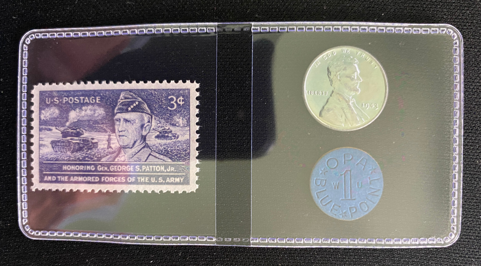 WWII Collectible Set: Patton 3¢ Stamp, 1943 Steel Penny & Blue OPA Token