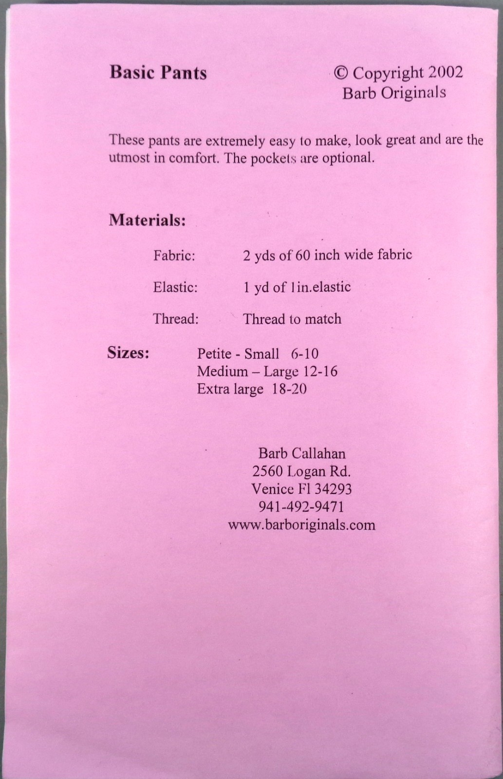 Barb Originals pattern Misses' Basic Pants Size Petite, Large & Extra Large