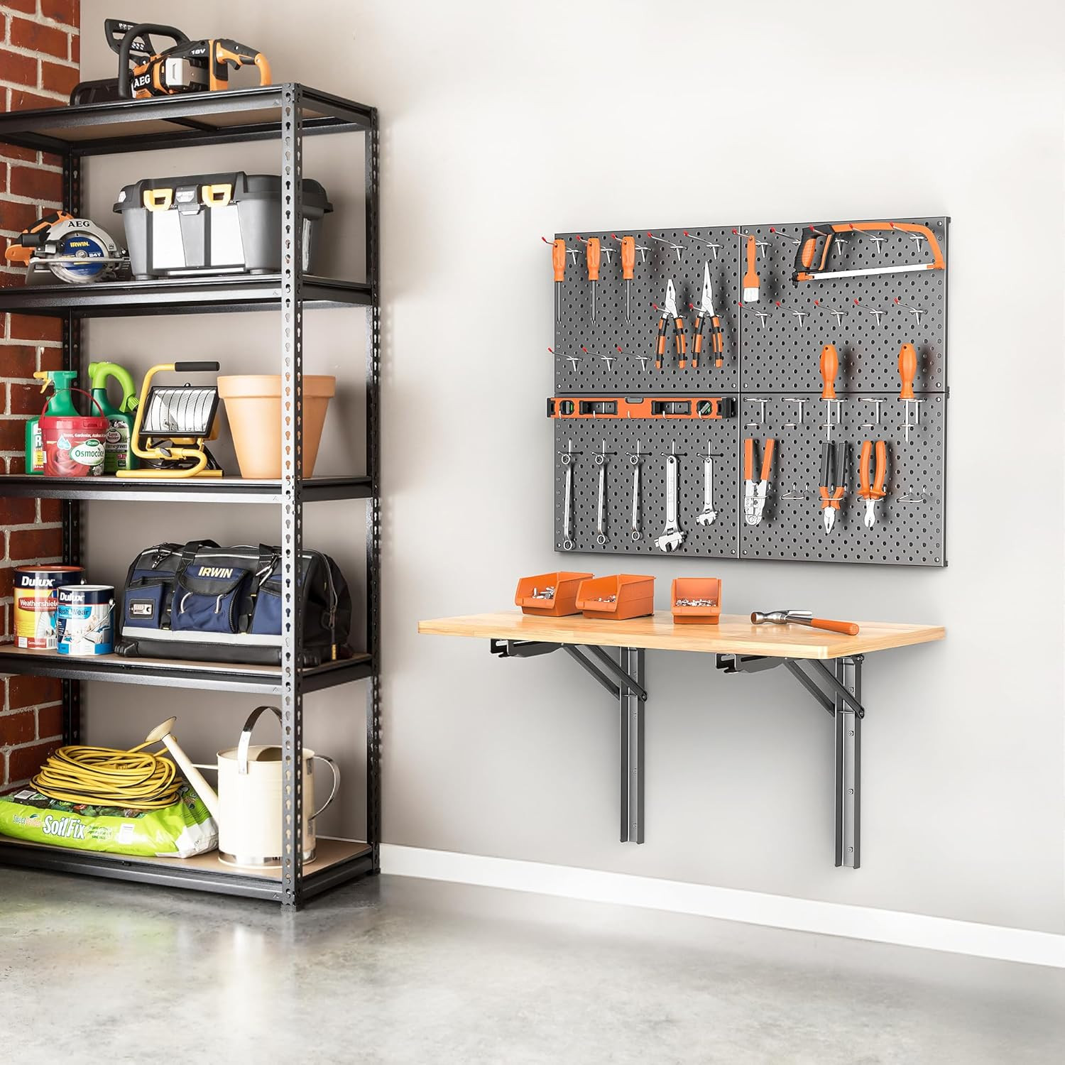 Heavy Duty Folding Workbench with Pegboard – Wall-Mounted Work Table for Garage