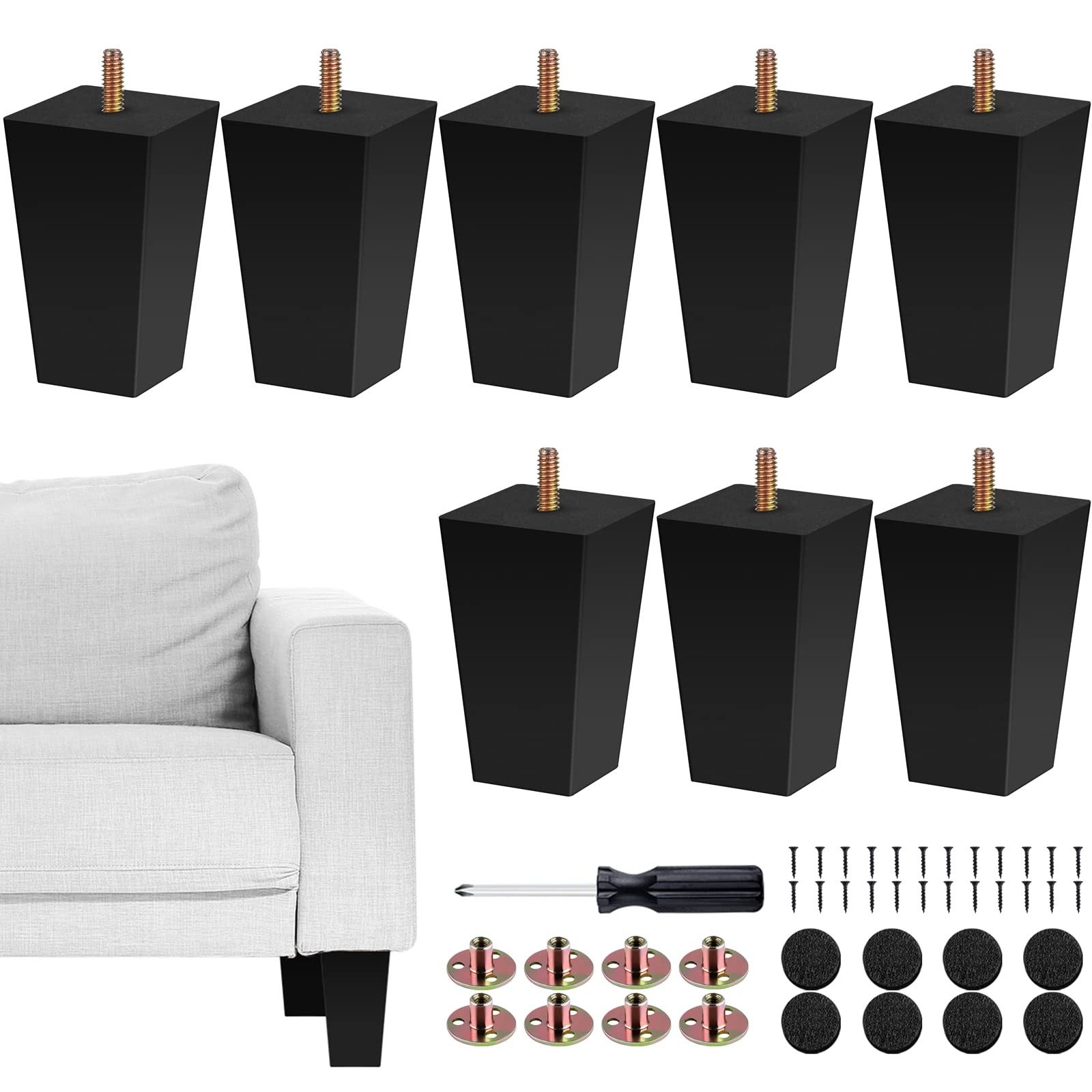 TURSTIN Set of 8 Furniture Legs 4 Inch Square Solid Wood 4 Inches, Black