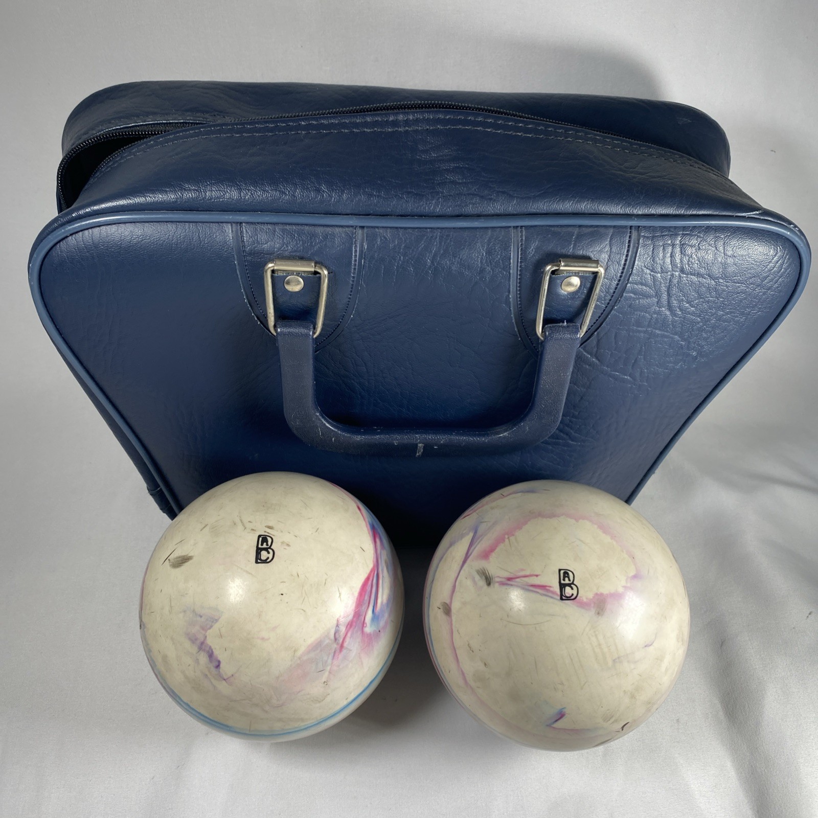 2 Vintage ABC Duckpin Bowling Ball Set 3lb 10oz Balls White W/ Blue Pink Swirl