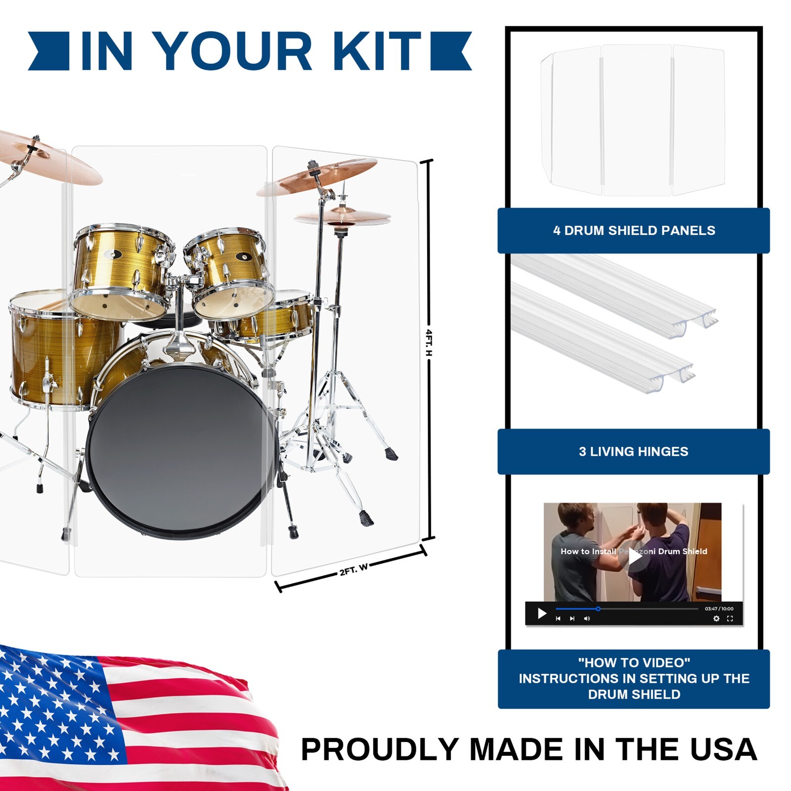 Drum Shield, Premium Acrylic Drum Screen 4 Panels 2ft x 4ft with Living Hinges