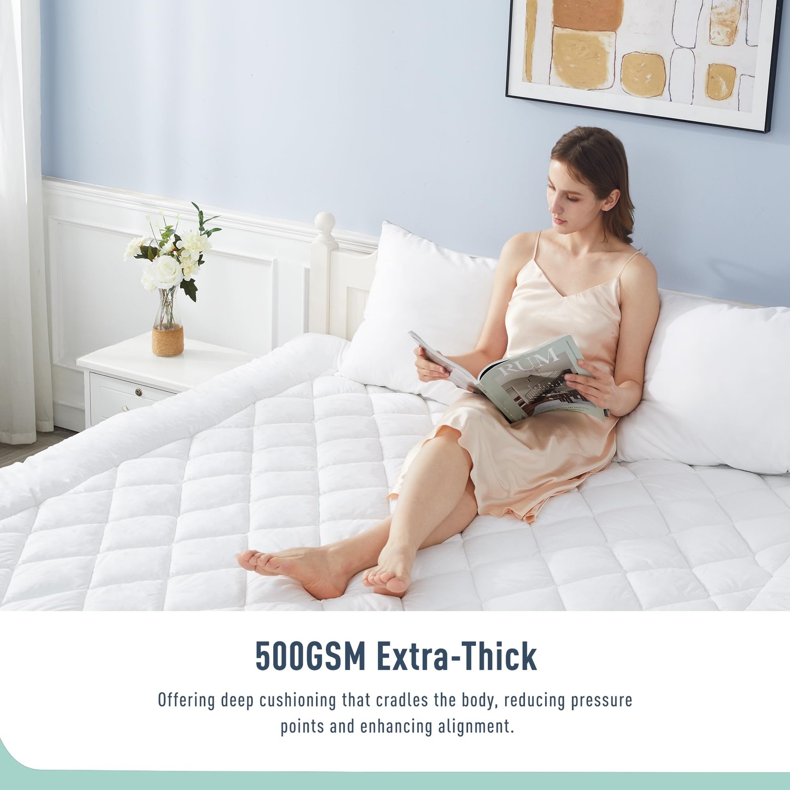HOMTEC Queen Mattress Pad Extra Thick Cotton Topper Queen, White