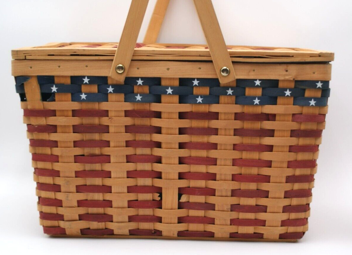 Vintage LARGE Picnic Basket Patriotic Design Blue Fabric Liner 16X12X11 MCM