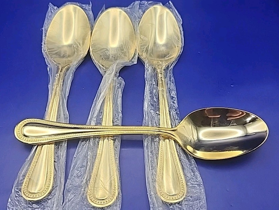 St. James Gold Stainless Soup Spoon Set Of 4 Beaded Pattern NEW 18/10. 7.5in