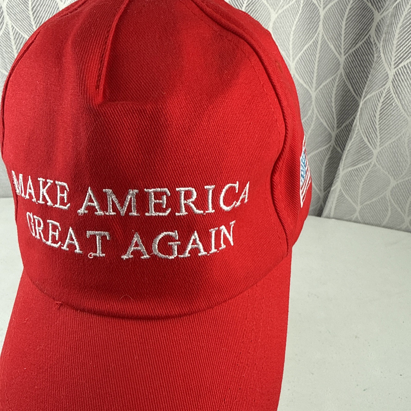 “Make America Great Again” White Letters on Red Hat Cap w American Flag HookLoop