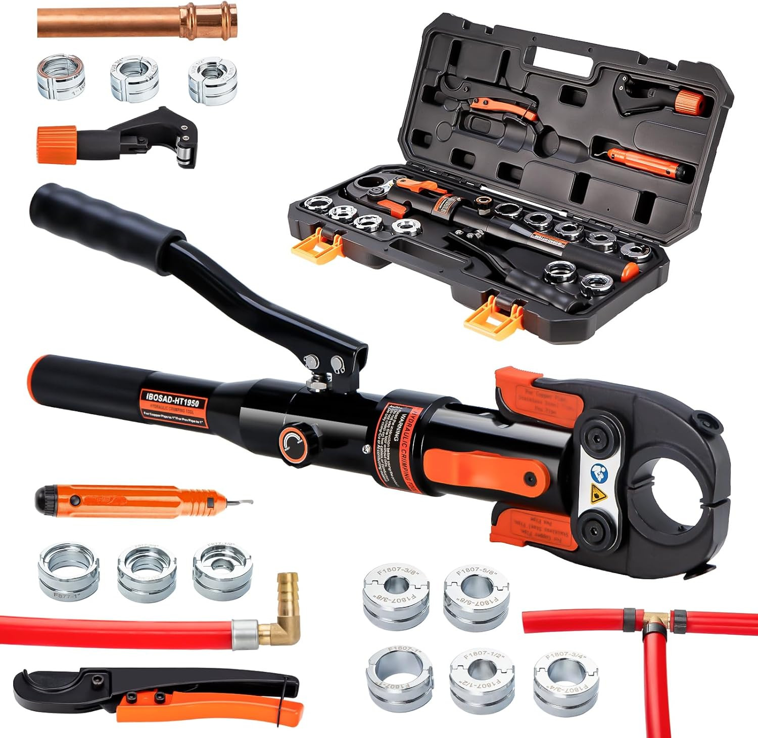 IBOSAD Hydraulic Copper Pipe Tube Fittings Crimping Tools With1/2,3/4,1" Dies fo