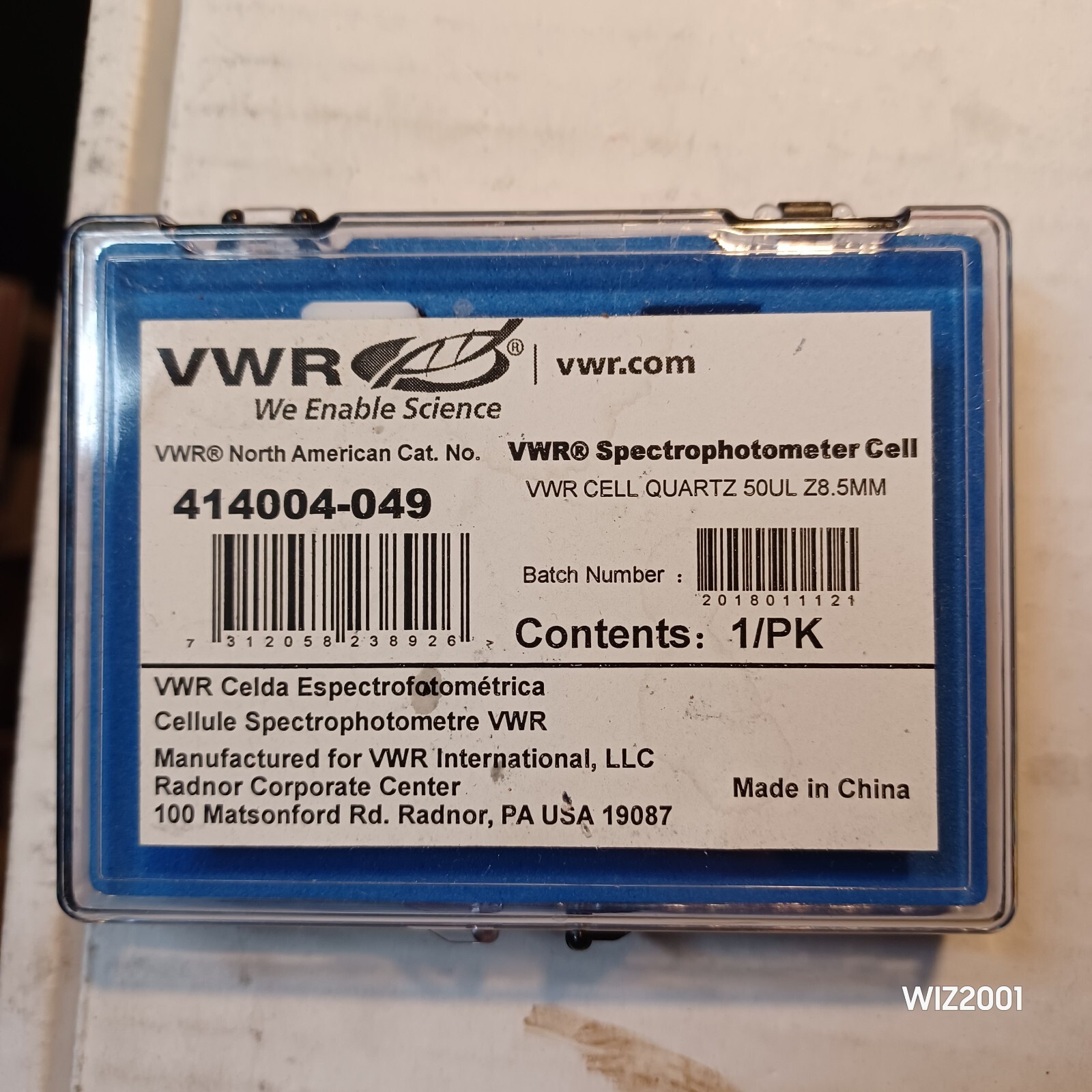 VWR Spectrophotometer Cell Quartz 50UL Z8.5MM 1 PACK 414004-049
