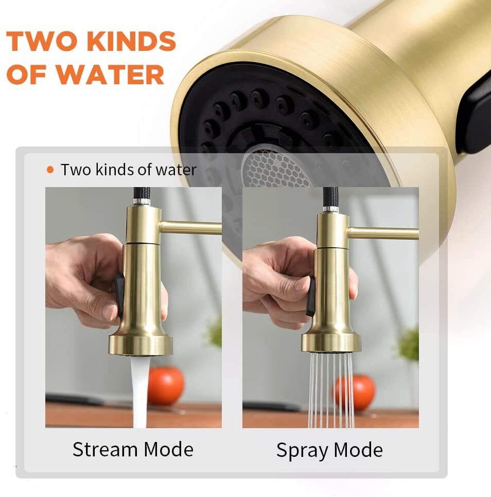 Brushed Gold Kitchen Faucet with Pull Down Sprayer Single Handle Spring Faucet