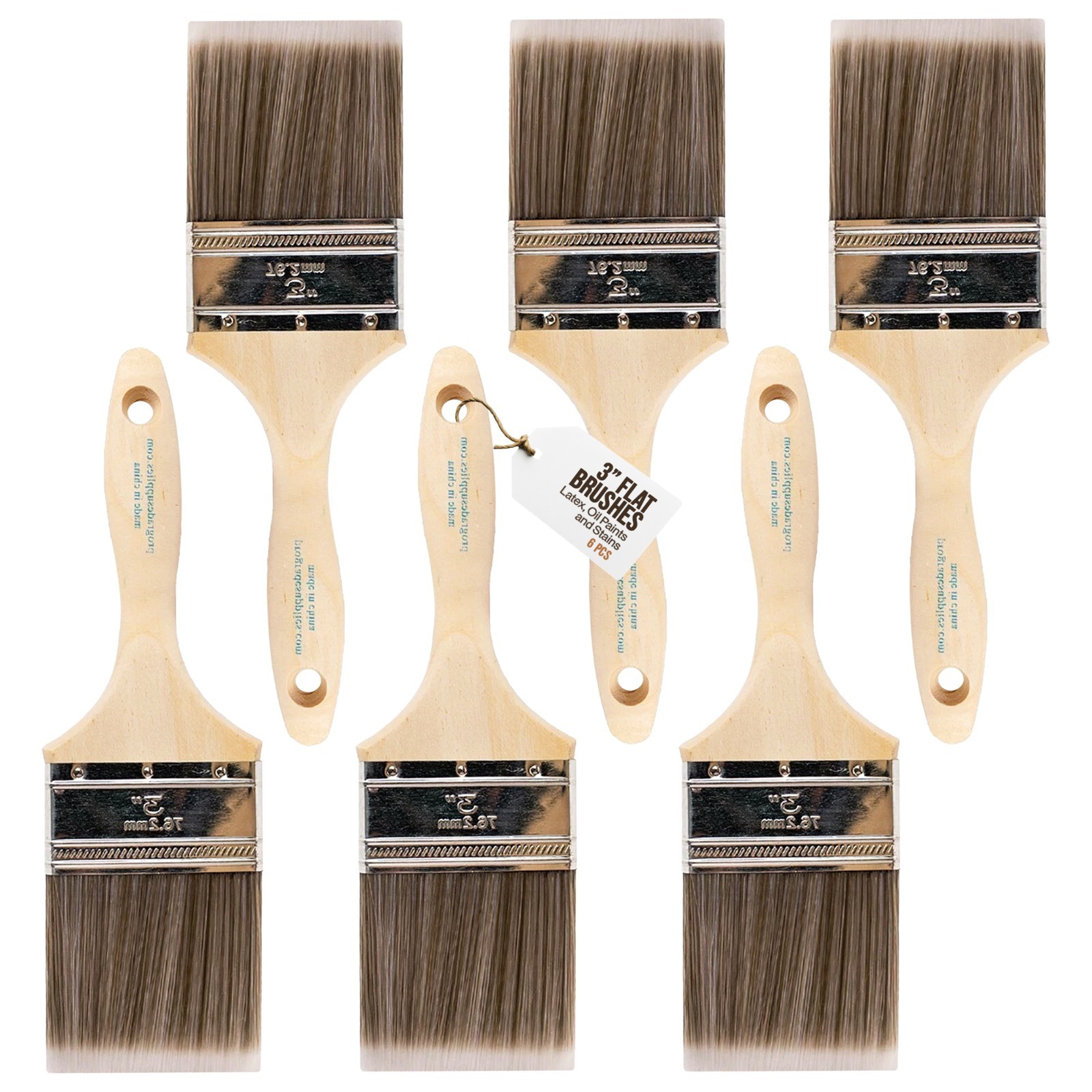 6PK 3" Flat House Wall,Trim Paint Brush Set Home Exterior or Interior Brushes