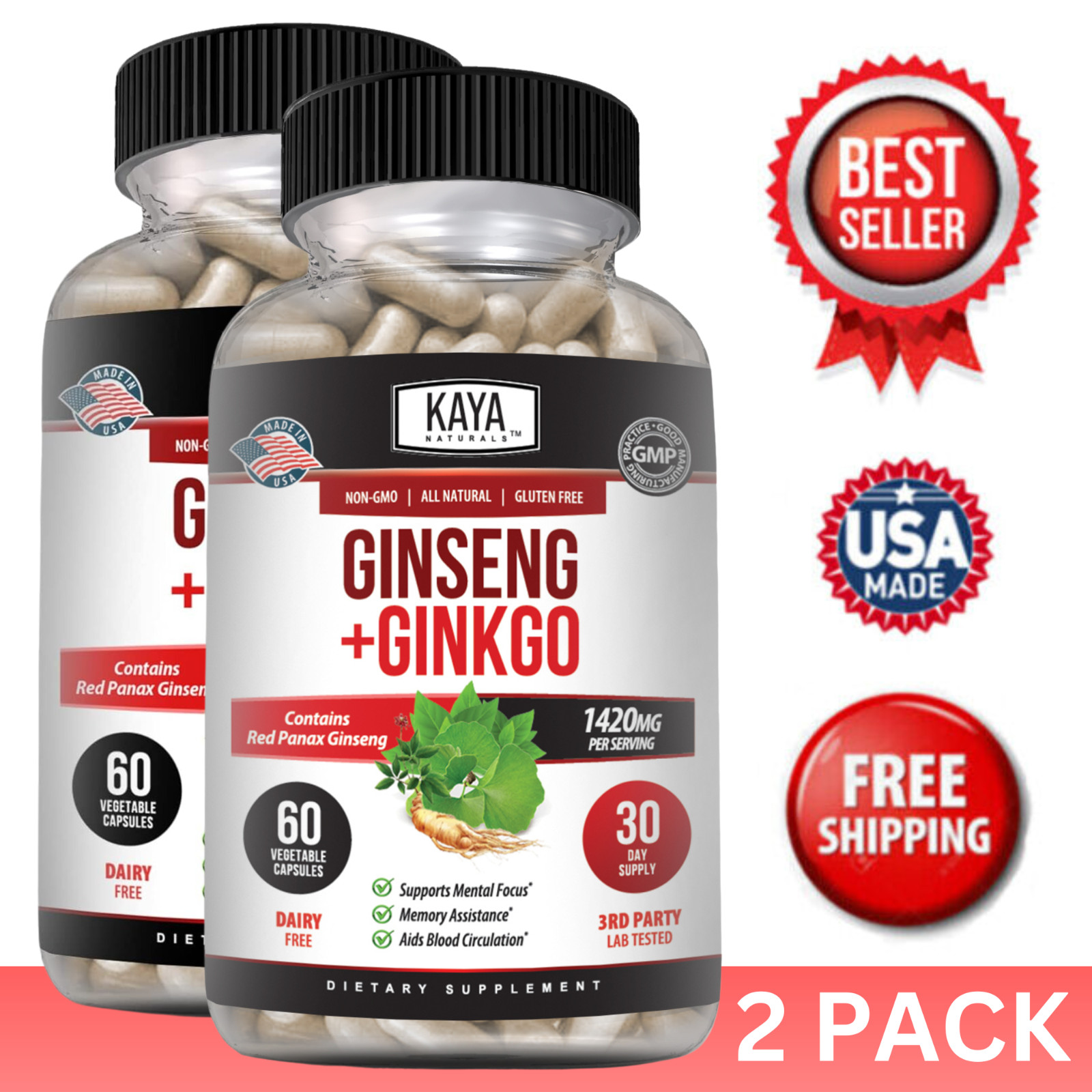 (2 Pack) Ginkgo Biloba + Ginseng Extract Panax Focus Brain Memory Metabolism