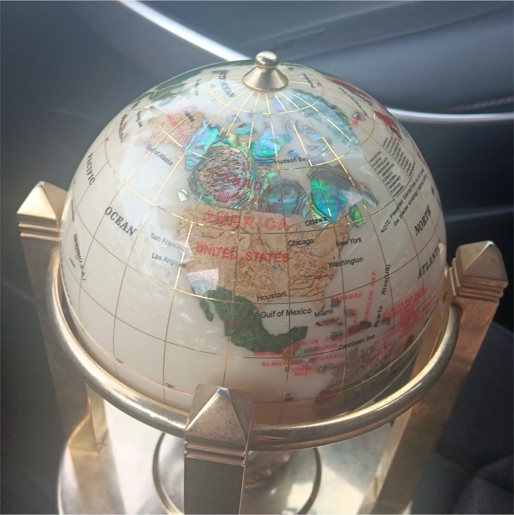 Decorative Multicolor Gemstone Tabletop Globe with Rotating Gold Metal Base