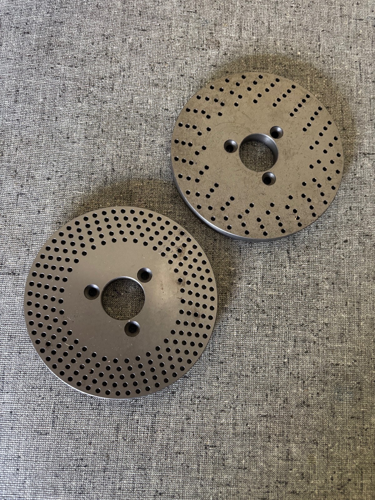 2 INDEX PLATES A & B,  2 SIDED, 5" O.D.,  INDEXER, DIVIDING HEAD, ROTARY TABLE