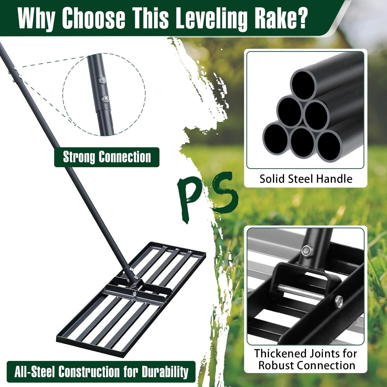 Versatile 36" Lawn Leveling Rake with 72" Handle - Perfect for All Grass Types