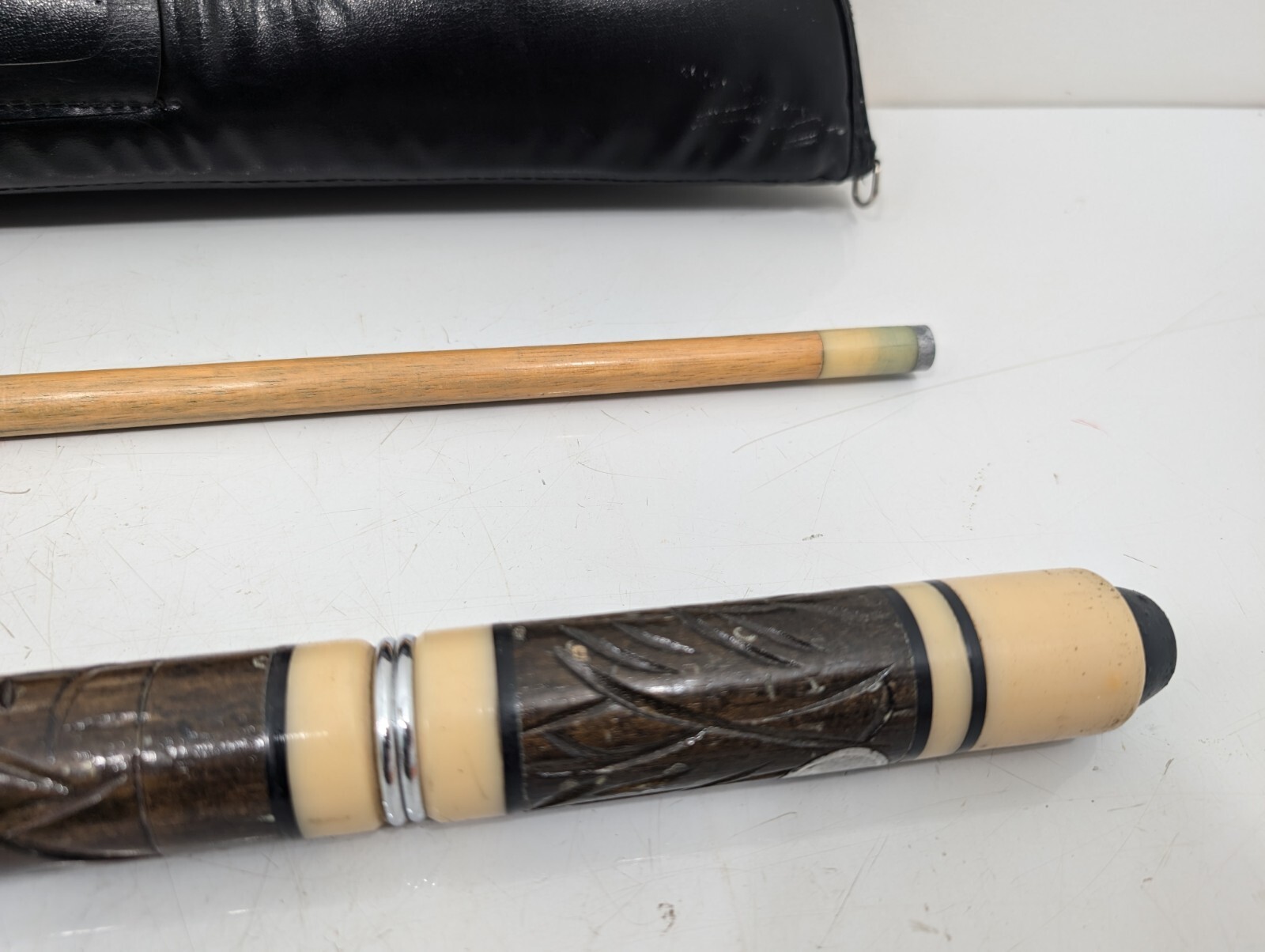Vintage Pool Cue With Case - Tiki Bar Style Carved Wood Unique - Made In Hawaii