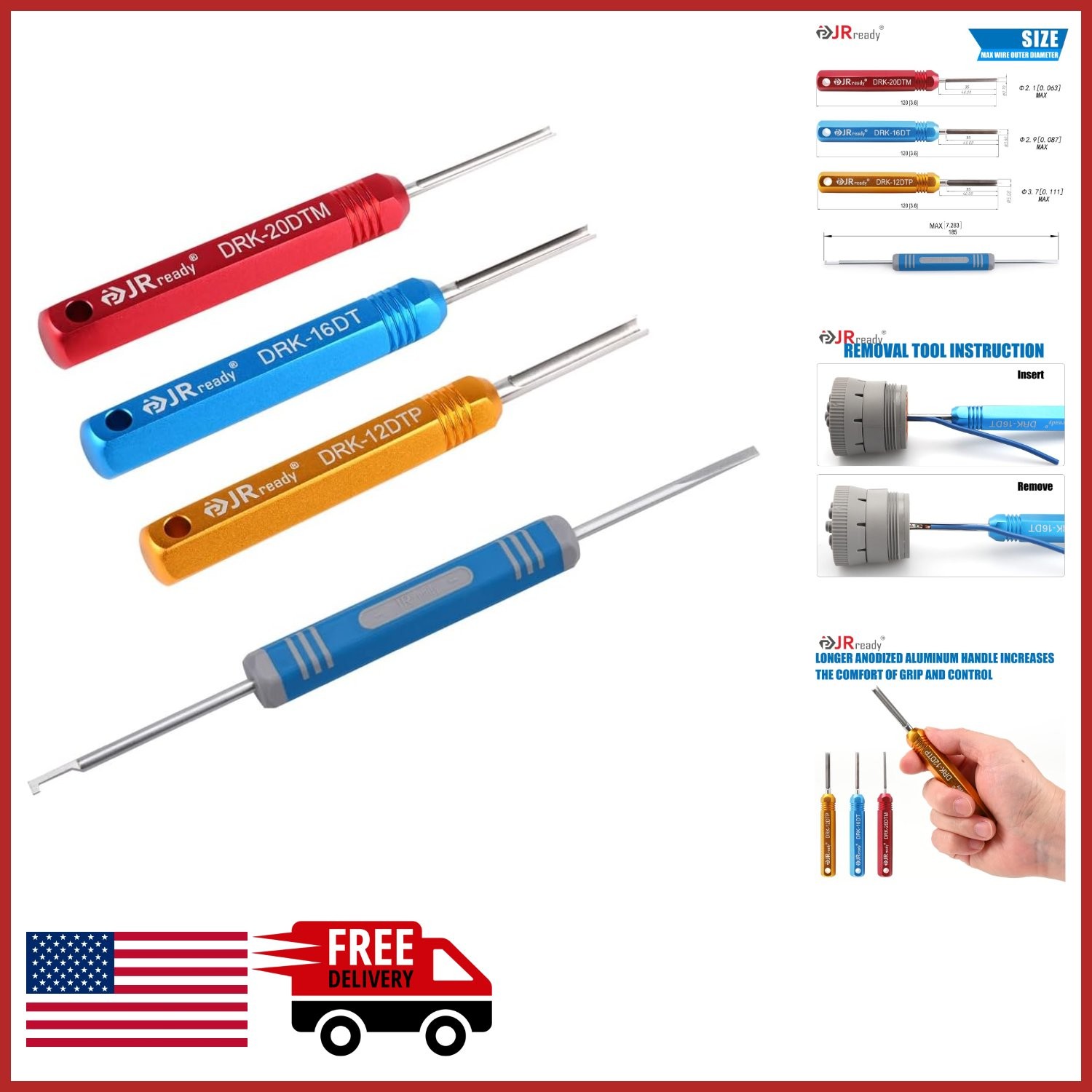 Multi-Use Pin Removal Tool for Deutsch Connectors with Anodized Aluminum Handle