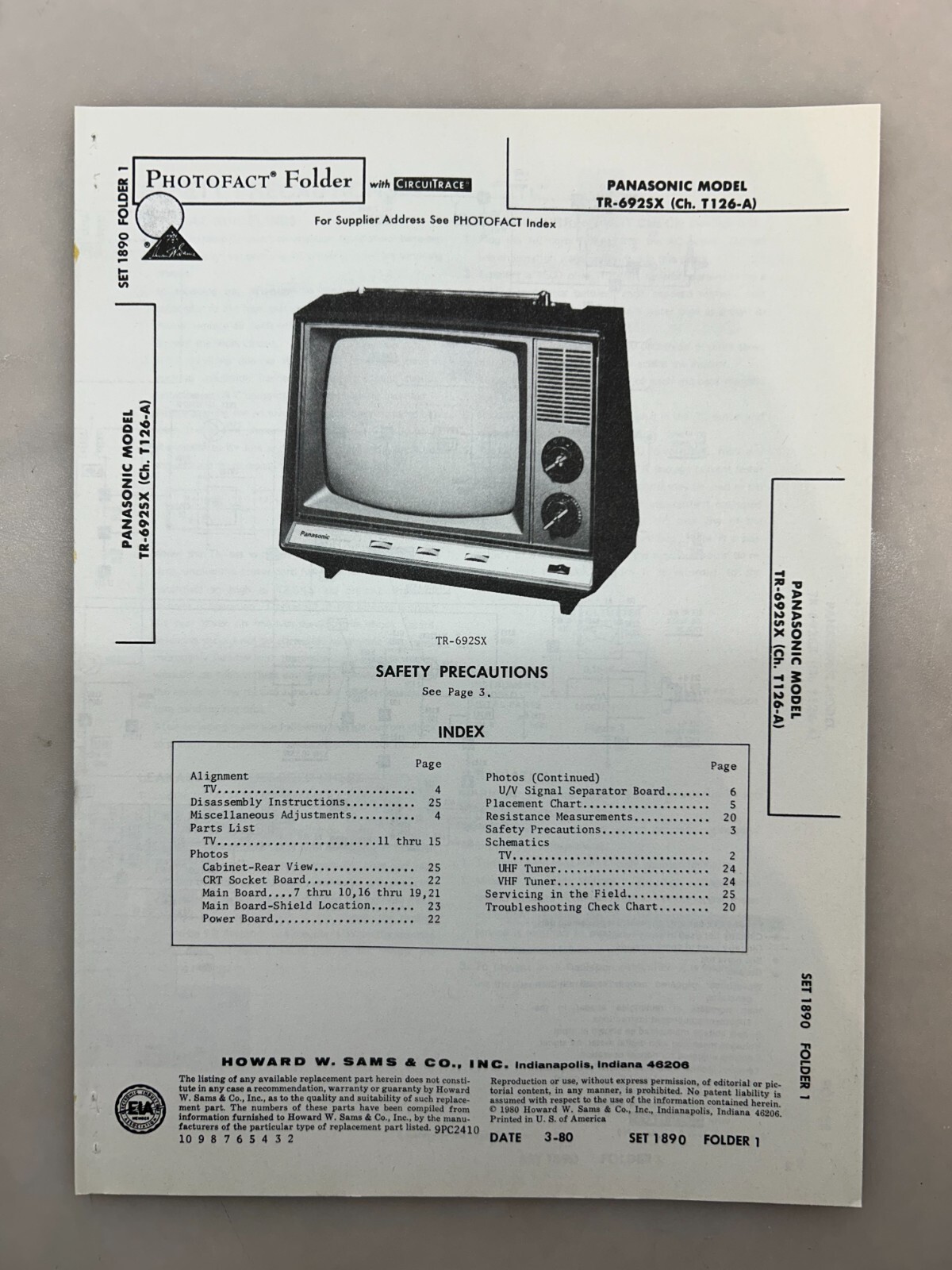 Panasonic TR-6925X Service Manual Sams Photofact Free Shipping